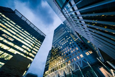 Illuminated office buildings at Canary Wharf, London at Night