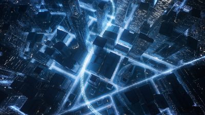 Cityscape With Glowing Data Lines – Big Data, Internet Of Things, Digital Business