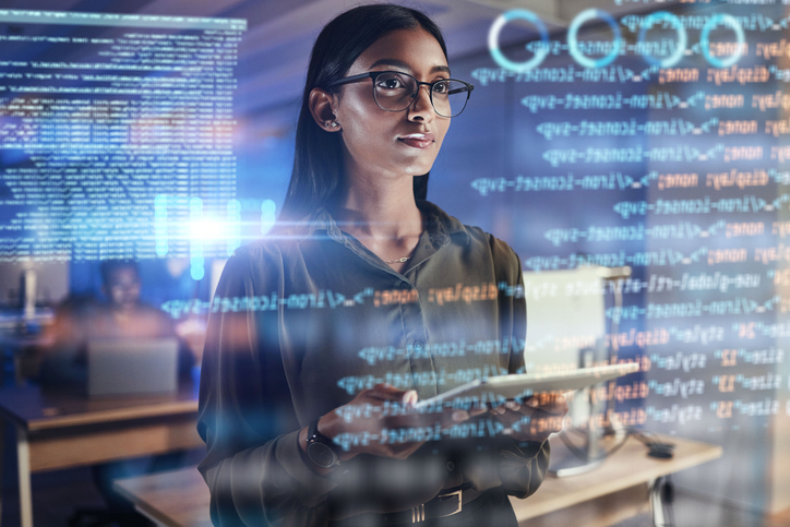 Tablet, code hologram and business woman in data analysis, digital technology or software overlay for gdpr. Programmer, person thinking and 3d screen, programming statistics or cybersecurity research
